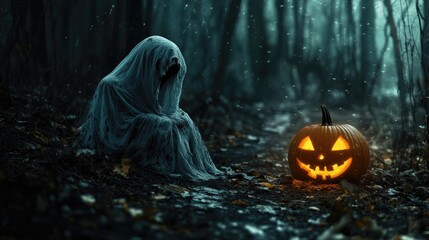 Wall Mural - spooky ghost with jack o lantern in dark forest