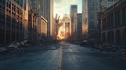 Wall Mural - A desolate urban landscape with destroyed buildings and smoke, evoking themes of disaster and abandonment.