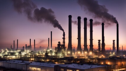 A silhouetted industrial factory with smoke stacks releasing plumes of smoke at dusk.