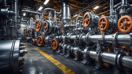 A large industrial plant with an array of pipes, valves, and gears, conveying a sense of complex machinery and production.