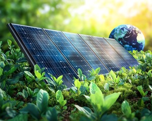 detailed image of solar panels surrounded by vibrant greenery with earth visible in the background, 