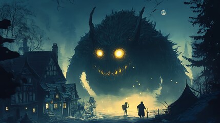 Poster - A mysterious creature looms over a dark forest village, evoking a sense of adventure and fantasy.