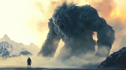 Sticker - A colossal monster looms over a lone figure in a dramatic landscape, creating a sense of awe and tension.