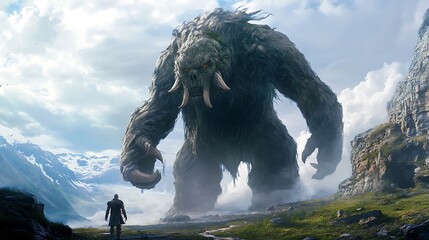 Poster - A giant creature towers over a lone figure in a mystical landscape, evoking a sense of awe and adventure.