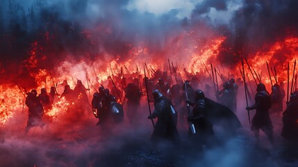 A dramatic battle scene with armored warriors amidst flames and smoke, evoking tension and conflict.