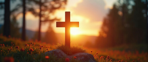 Silhouetted christian cross silhouette on the mountain at sunset