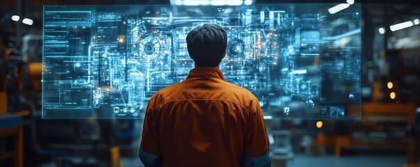 Fototapete - A factory worker examines a holographic projection of machine internals, showcasing predictive maintenance technology for proactive issue detection