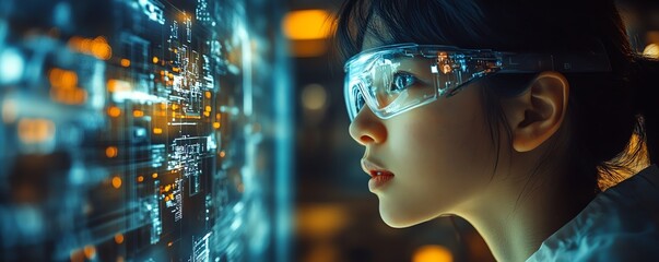 Poster - A factory worker examines a holographic projection of machine internals, showcasing predictive maintenance technology for proactive issue detection