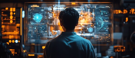 Poster - A holographic machine internals display captivates a factory worker, illustrating the advantages of predictive maintenance and generative AI