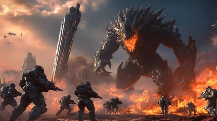 Poster - A battle scene featuring soldiers facing a colossal, fiery monster amidst a dramatic landscape.