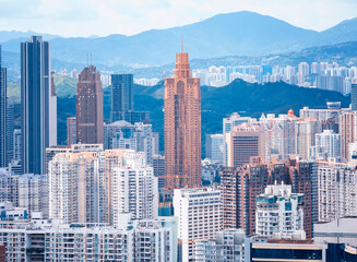 Wall Mural - Drone fly over Shenzhen city central business district, aerial panorama China at twilight.