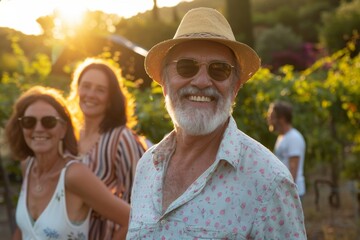 Poster - Portrait of senior man with his family in vineyard at sunset