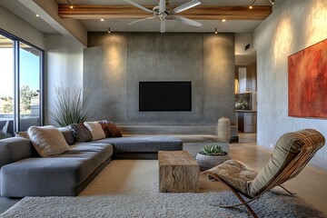 Wall Mural - Modern living room with a minimalist design, featuring a large couch, wooden table, and a TV.