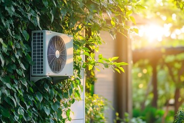 An outdoor air conditioning unit mounted on a wall, surrounded by green foliage in a sunlit environment.