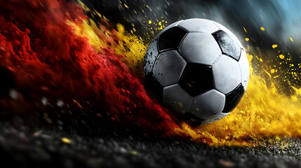 A dynamic soccer ball surrounded by colorful splashes of color.