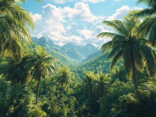 vibrant panorama of a dense jungle, filled with towering palm trees and exotic tropical plants under a bright blue sky, evoking a sense of adventure and the untouched beauty of nature