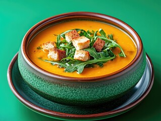 Wall Mural - Pumpkin cream soup with arugula and croutons on green background