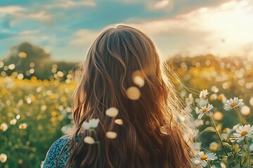 Poster - A serene scene of a girl with long hair standing in a flower field, basking in the warm sunlight.