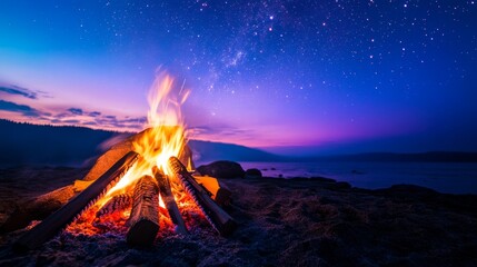 Warm, inviting campfire under twinkling stars, outdoor adventure and serenity at night.