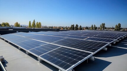 A rooftop covered in solar panels with clear blue skies above, showcasing renewable energy solutions.