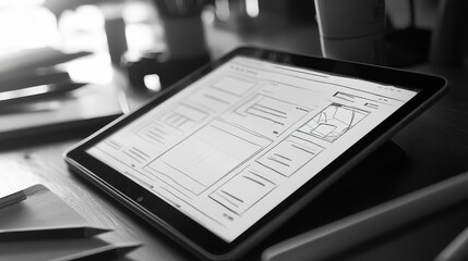 Creative website layout sketch on tablet, user-centered design process, digital, creative approach.
