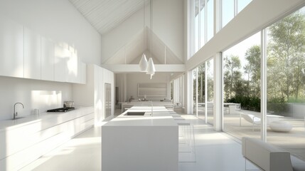 A sleek, modern kitchen with high ceilings, white finishes, and plenty of natural light.