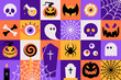 © Daria Serheieva - Geometric Happy Halloween Banner. Trick or Treat. Cute scary Party, Horror Holiday design concept. Vector Illustration in minimalist flat style. Sticker icons set or seamless pattern