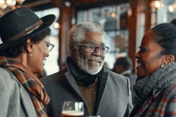 Poster - Portrait of a senior African American man in a pub with friends.