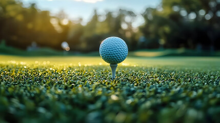 Wall Mural - A golf tee with a ball on a lush green course at sunset.