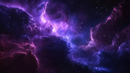 A vast nebula in deep space, with glowing purple and blue gases illuminated by starlight.