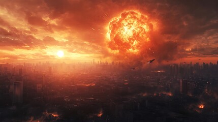 Wall Mural - A dramatic scene depicting a cityscape engulfed in flames with a massive explosion in the sky.