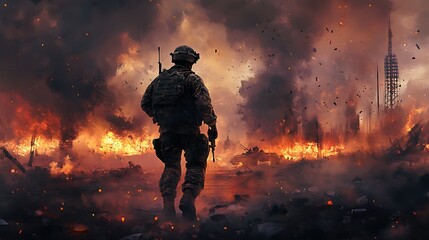 Wall Mural - A soldier walks through a war-torn landscape engulfed in flames and smoke, depicting destruction and conflict.