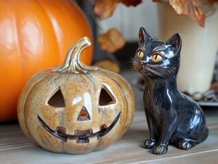 Canvas Print - Halloween decor featuring a ceramic pumpkin candle holder and a black cat figurine