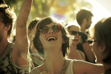 Sticker - Crowd of people partying at a music festival on a sunny day