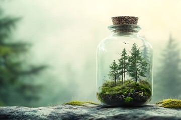 Wall Mural - A glass jar containing a miniature forest scene with trees and moss, symbolizing nature in a contained environment.