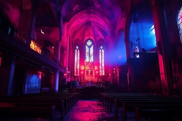 Wall Mural - A vibrant, atmospheric interior of a church with colorful stained glass and dramatic lighting.