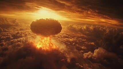 Canvas Print - A dramatic depiction of a nuclear explosion against a fiery sky, highlighting the destructive power of such events.