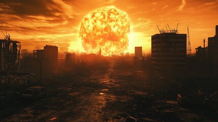 Sticker - A post-apocalyptic landscape with a massive sun setting over a ruined city.