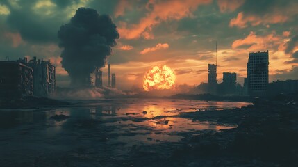 Canvas Print - A dystopian landscape featuring a fiery sunset over a desolate, industrial setting with smoke and ruins.