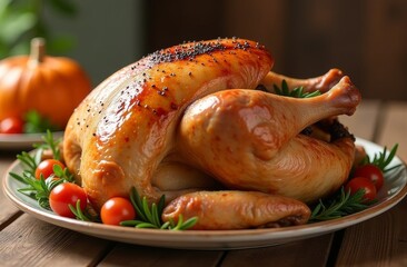 Succulent roasted chicken served with fresh herbs and cherry tomatoes on a festive wooden table in autumn