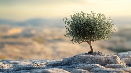 Canvas Print - A solitary olive tree grows on a rocky surface, symbolizing resilience and beauty in nature.