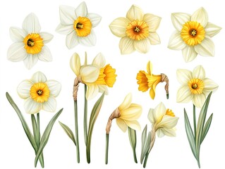 Sticker - Set of daffodil flowers watercolor clipart isolated on white background 