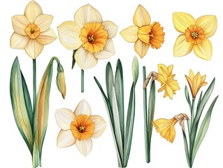 Canvas Print - Set of daffodil flowers watercolor clipart isolated on white background 