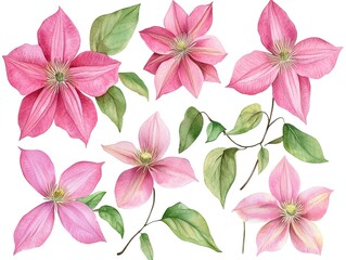 Wall Mural -  Set of clematis flowers watercolor clipart isolated on white background  