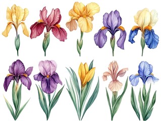 Poster - Set of Iris flowers watercolor clipart isolated on white background 