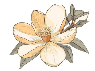 Poster - A Magnolia flower drawing with line-art on white background 