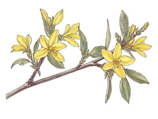 Canvas Print - A forsythia flower drawing with line-art on white background 