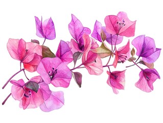 Canvas Print - Watercolor bougainvillea clipart featuring bright pink and purple flowers. on white background  