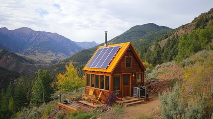 Canvas Print - A hand built tiny house nestled in the mountains with solar panels integrated into the design for heating and powering appliances.