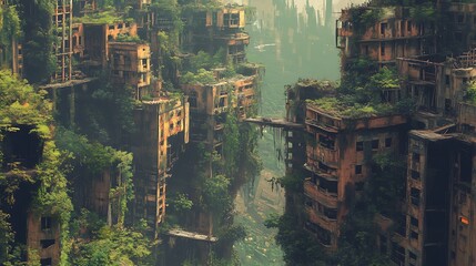 Canvas Print - A futuristic, overgrown cityscape showcasing nature reclaiming urban structures.